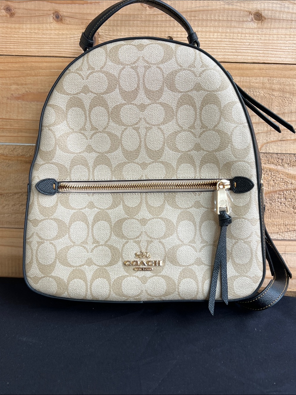 Coach Beige Signature Mini Backpack with Black Trim